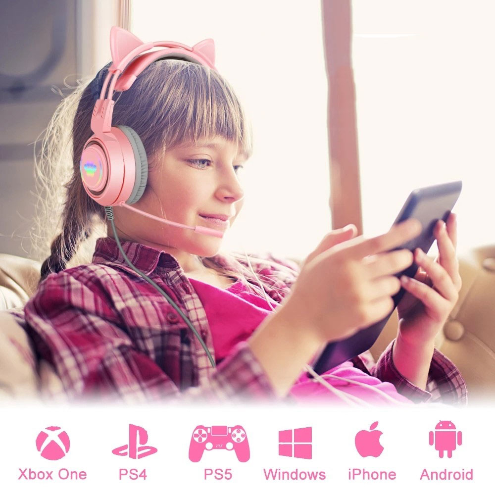 Gaming USB Kopfhörer Over-Ear LED Stereo Headset mit Mikrofon   3.5mm Klinken Anschluss (Katzenohren abnehmbar) - Blau