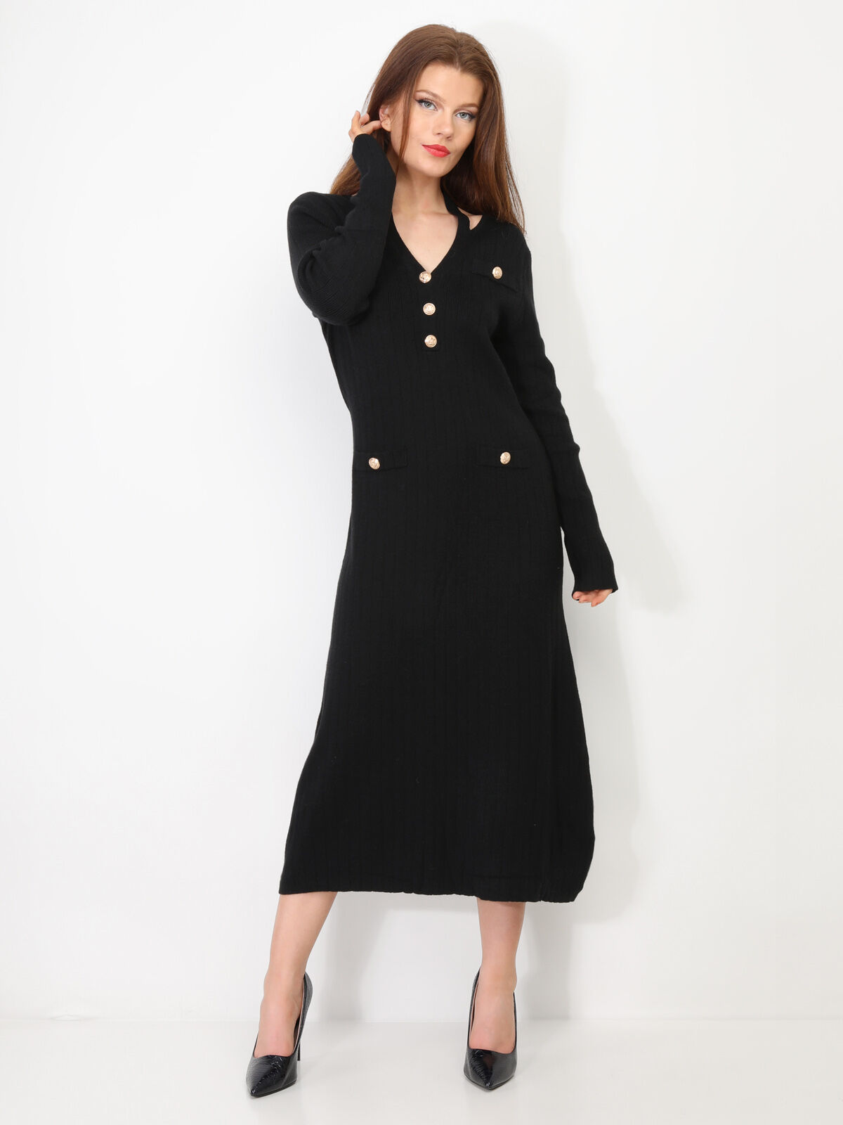 Robe longue cut out à boutons- Noir