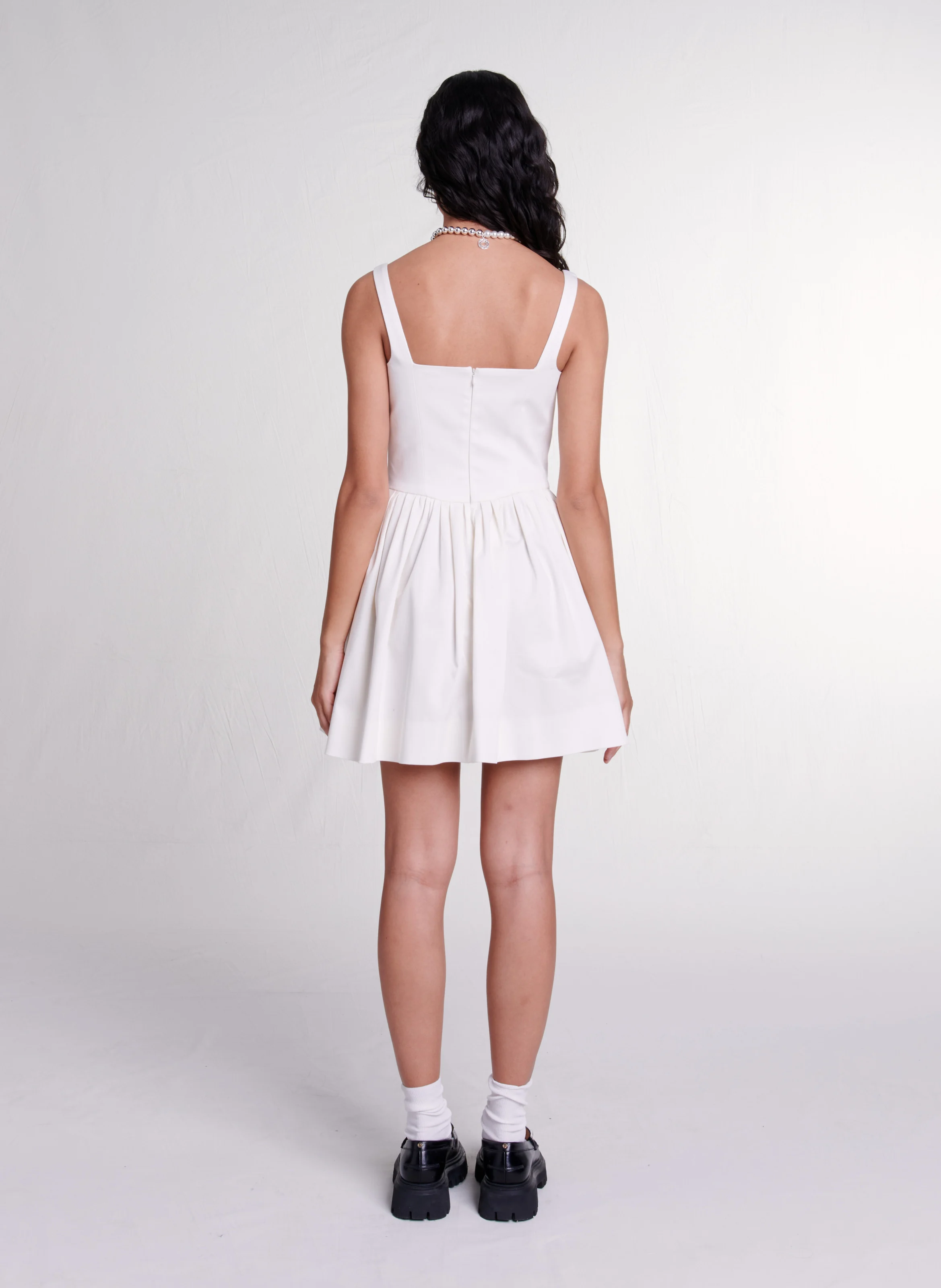 Robe courte évasée col carré en coton mélangé | Blanc