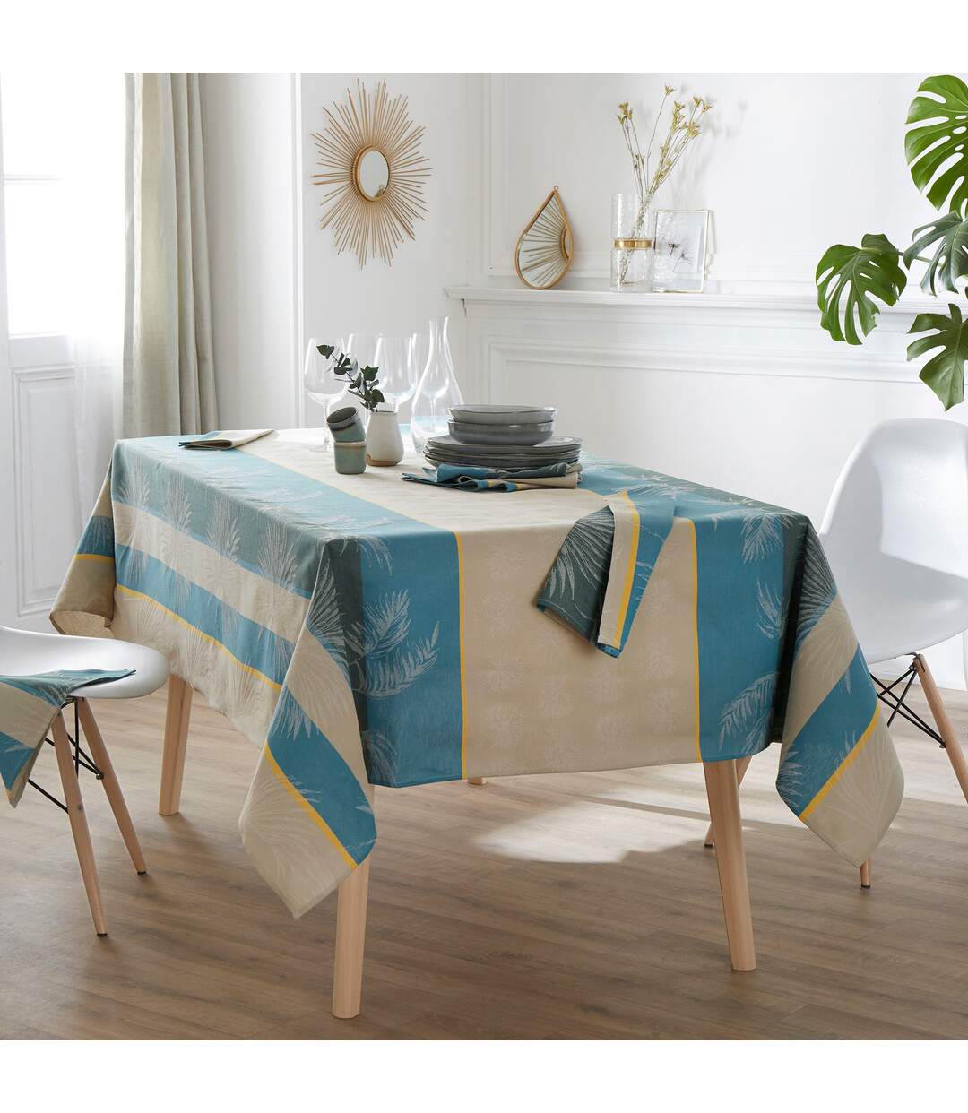 Nappe rectangle 150x350 cm PALMIER bleu lagon Jacquard coton +