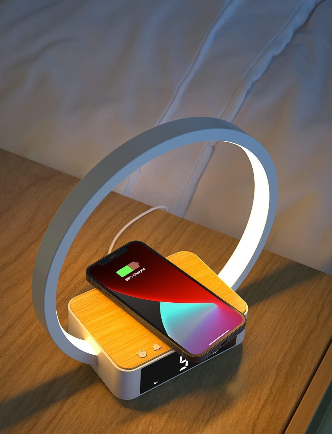 (10W) 3in1 Qi Wireless Charger Induktionsladegerät Ladestation mit LED Ringlicht   Wecker - Weiss