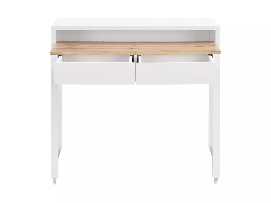 Bureau console extensible avec 2 tiroirs - Blanc et naturel - LOAVIA