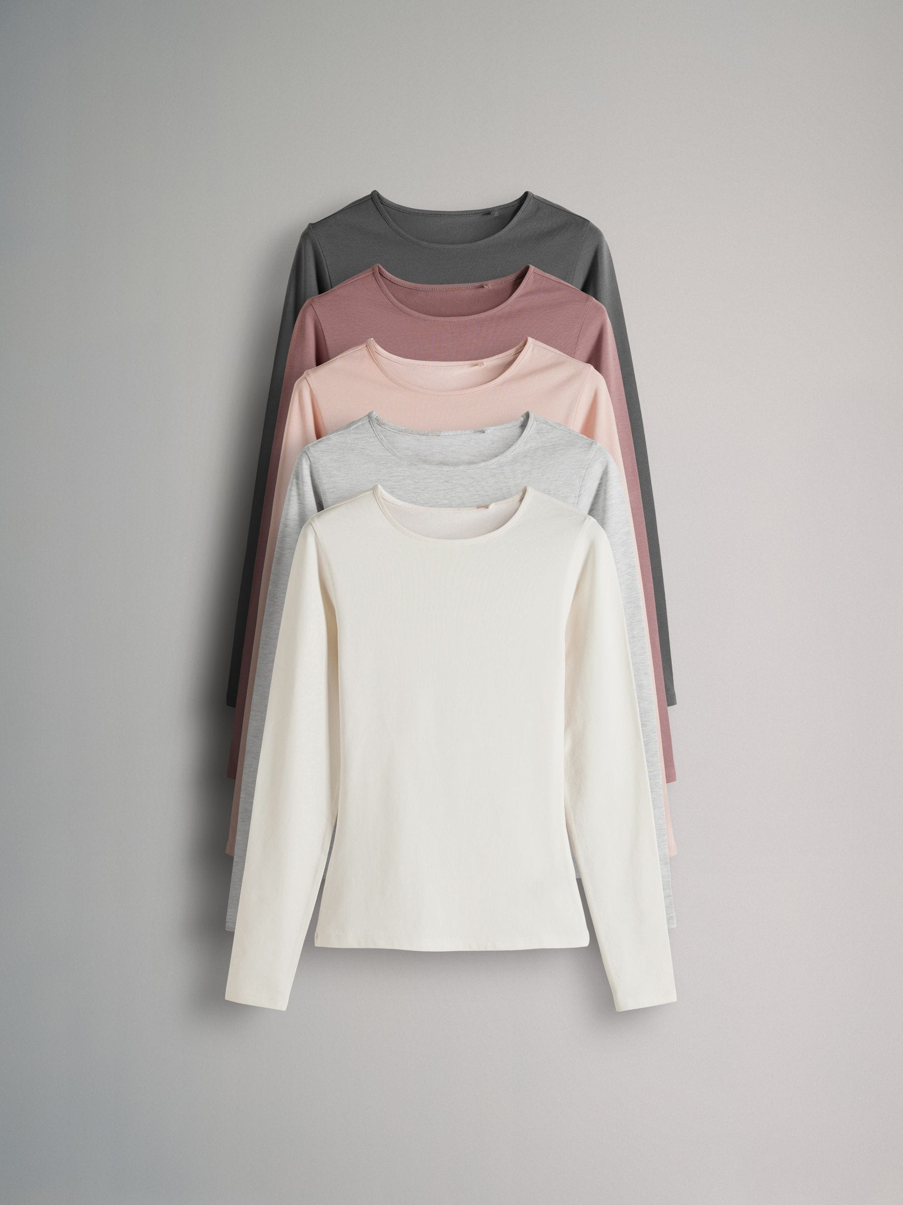Lichtgrijs/lichtroze/leigrijs/Crème/mauveroze - The Set - 5 T-shirts met lange mouwen en ronde hals