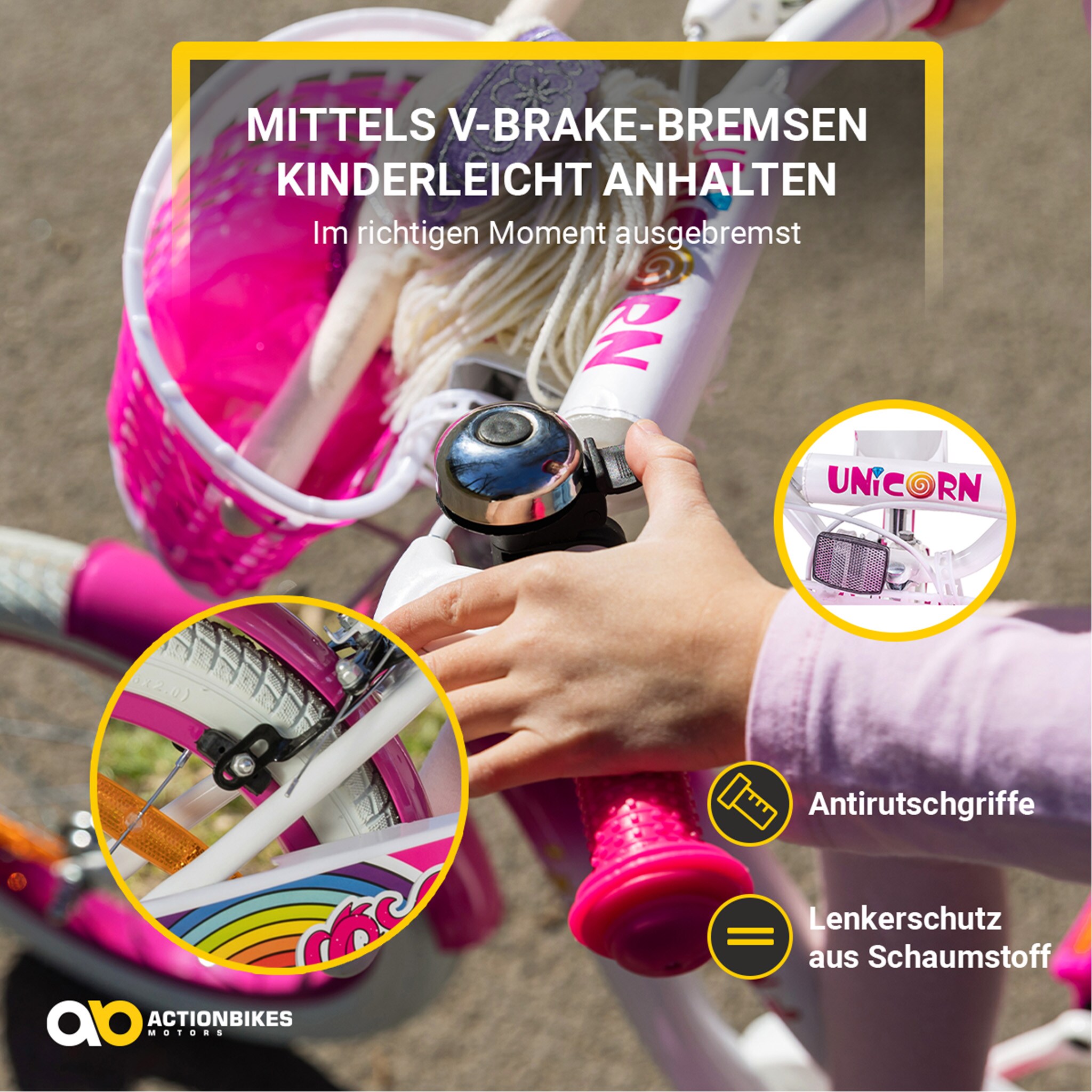 Actionbikes Kinderfahrrad Unicorn 16 Zoll, Pink, Einhorn-Design, Puppensitz, Stützräder, Fahrradkorb