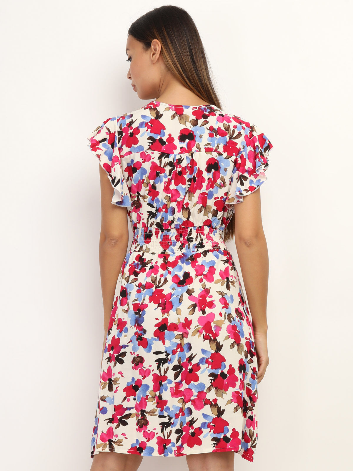 Robe à fleurs smockée à boutons- Beige
