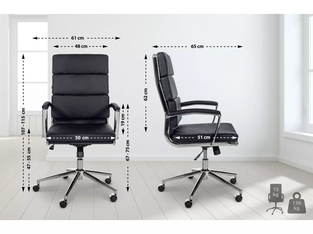 Chaise de bureau - Véritable cuir & Métal chromé - Noir - Cleveland