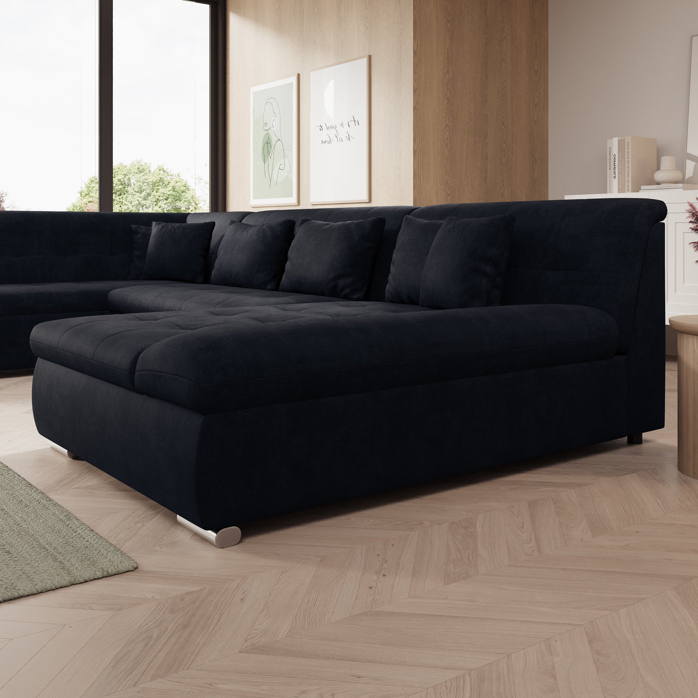 Alberta XL - Hoekbank 5-zits met slaapfunctie - Velvet zwart - Rechts