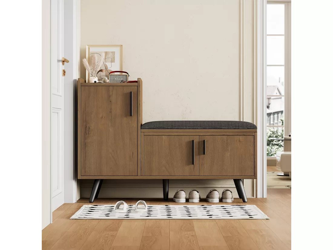 Banc à chaussures moderne avec 3 portes et coussin - pièds et poignées en métal - coloris naturel - 100 x 34 x 69 cm