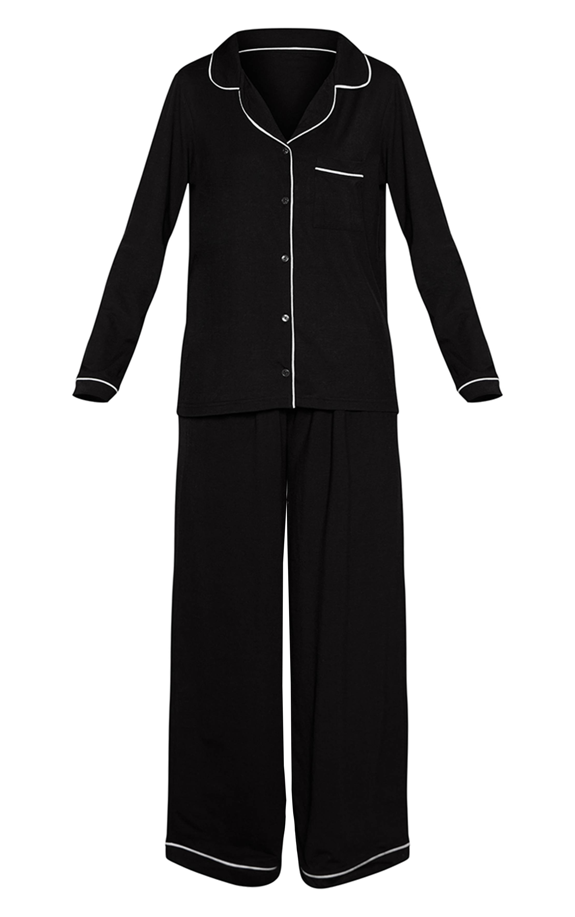 Noir Ensemble Pyjama Haut Manches Longues Et Pantalon En Jersey Doux Avec Passepoil