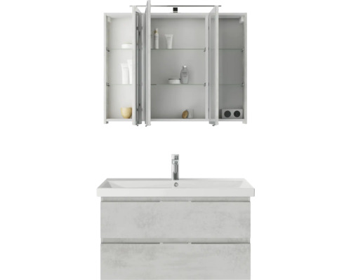 Pelipal Serie 4035 badkamermeubelset, BxHxD 90 x 200 x 43,5 cm, grijze fronten. 3-delige badkamermeubelset bestaande uit een witte keramische wastafel, badmeubel en spiegelkast met LED-verlichting.