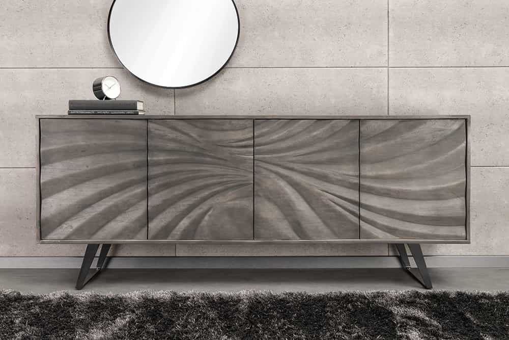 Massivholz Sideboard HURRICANE 175cm grau Akazie 3D-Design
