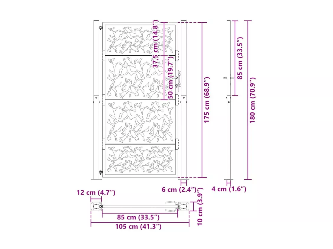 Portail de jardin noir 105x180 cm acier conception de feuilles