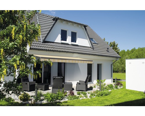 SOLUNA semi-cassette zonnescherm Comfort 2,5x2, doekdesign J201, frame DB703 donkergrijs, aandrijving rechts inclusief slinger
