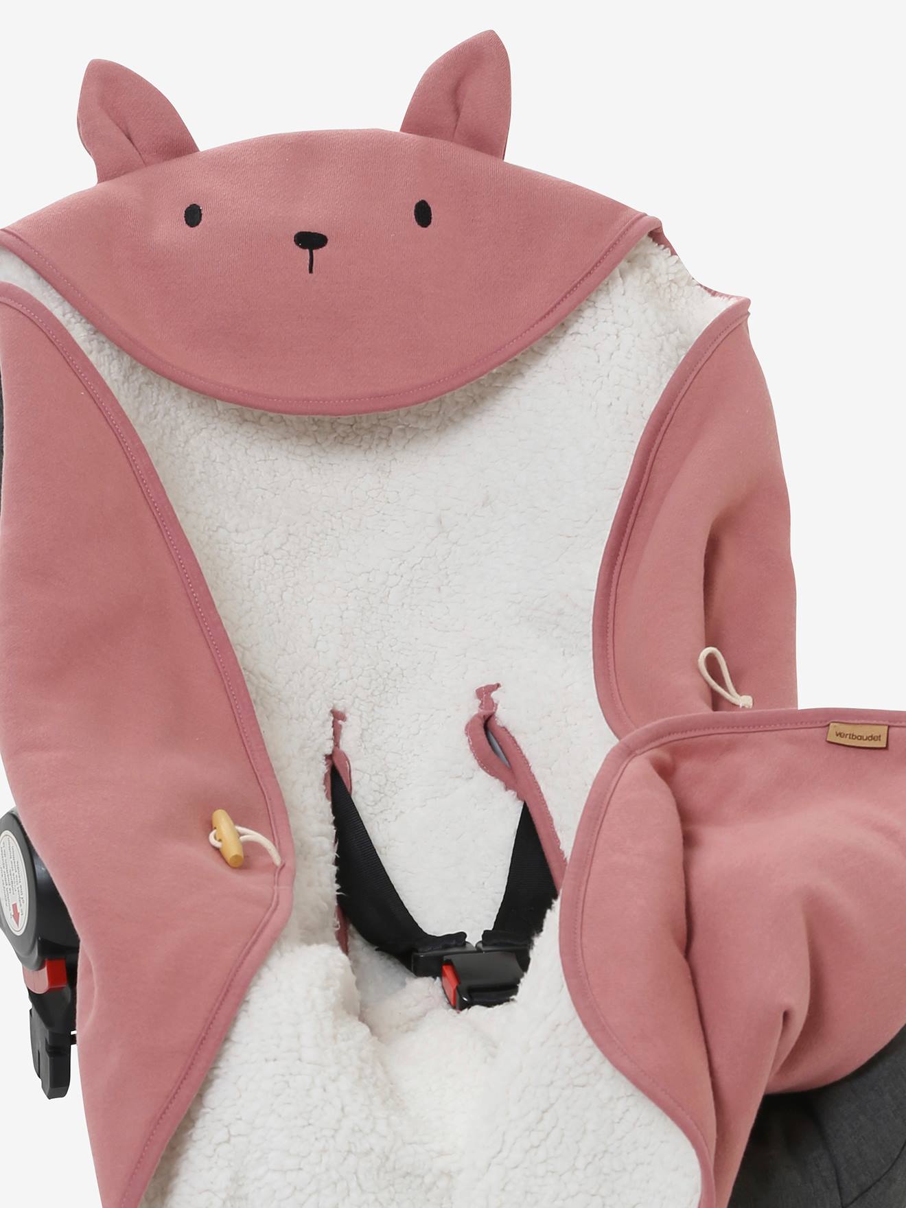 Manta para bebê com capuz e forro de pelúcia, rosa médio liso com estampas.