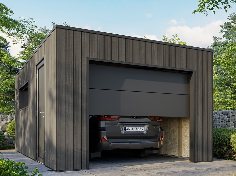 Garage bois composite silverstone - bardage couleur ardoise - surface : 20m² - porte sectionnelle motorisée - 2 télécommandes