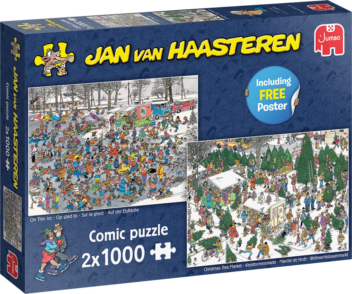 Jumbo puzzel Jan van Haasteren op glad ijs & kerstbomenmarkt 68 x 49 cm 2x 1000 stukjes