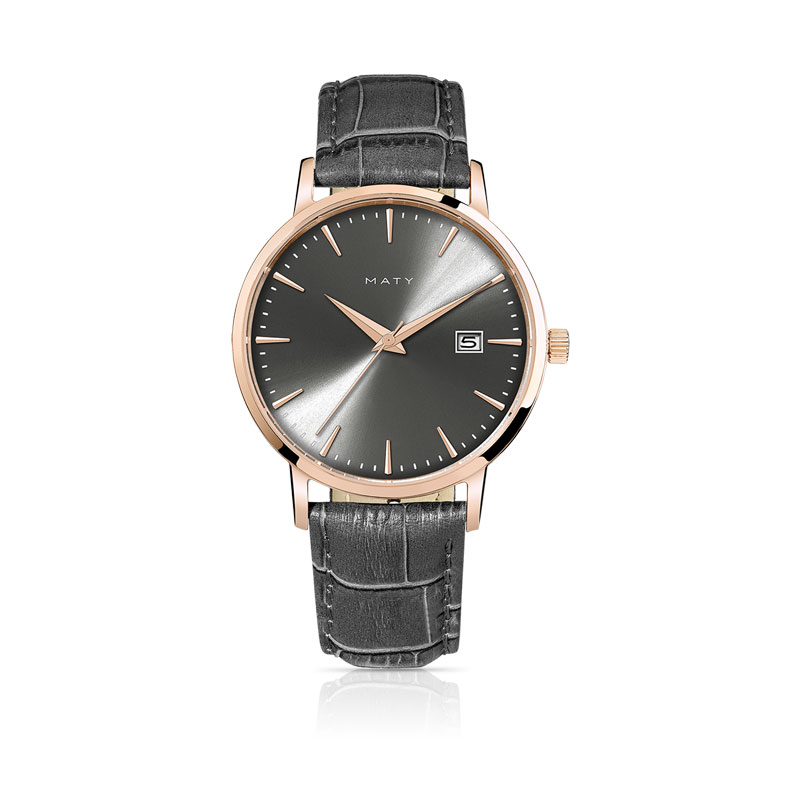 Montre homme dorée rose bracelet cuir gris foncé