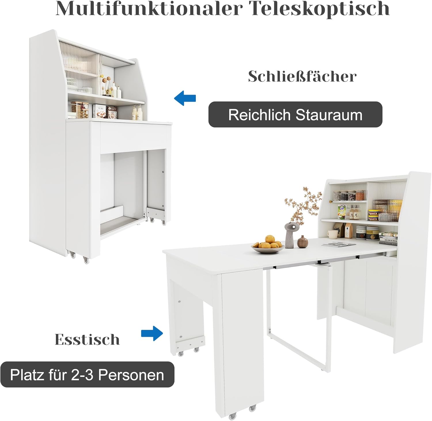 Ausziehbarer Esstisch klein, Einweg-Ausziehtisch, Weiß Esszimmer-Stauschrank, Platzsparender Multifunktions-Esstisch, 52/132.5x80x76cm