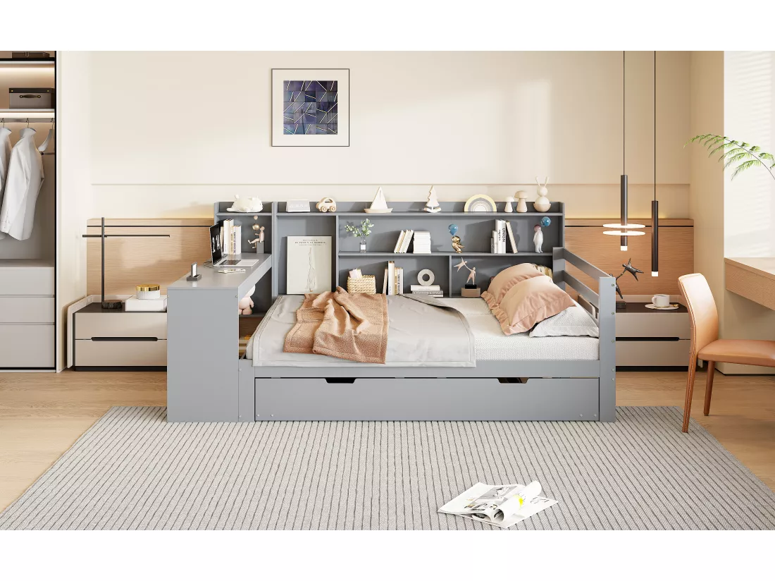 Lit gigogne 140 x 200 cm + 90 x 190 cm - avec bureau, compartiments et prises USB - Pin + contreplaqué + MDF - Gris