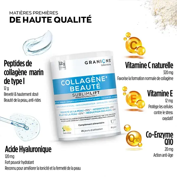 Granions SublimLift Colágeno Marinho, Ácido Hialurônico - Sabor Limão 315g