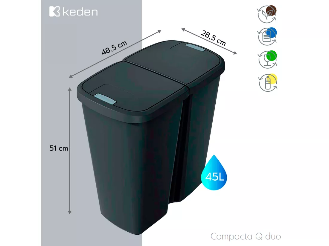 poubelle avec 2 couvercles indépendantes de 45L Keden 48x28x51