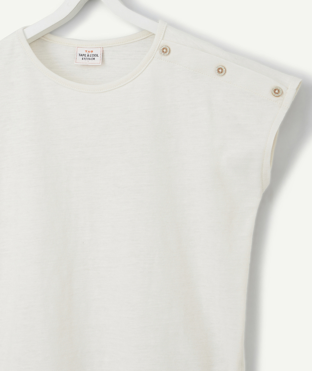 T-SHIRT FILLE ÉCRU EN COTON BIO AVEC BOUTONS PAILLETÉS