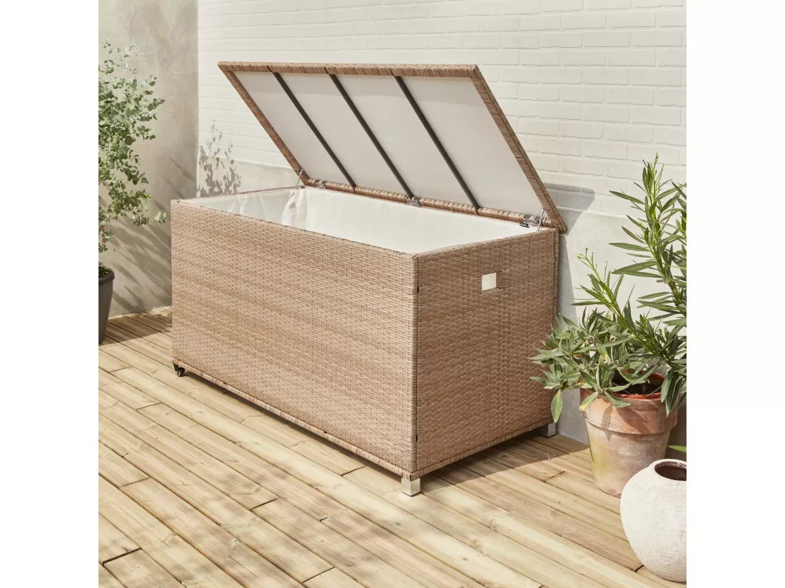 Coffre de jardin en résine tressée naturelle - Cassapanca - 790L. vérins. roulettes. poignée et housse intérieure beige. rangement coussins 162x82cm