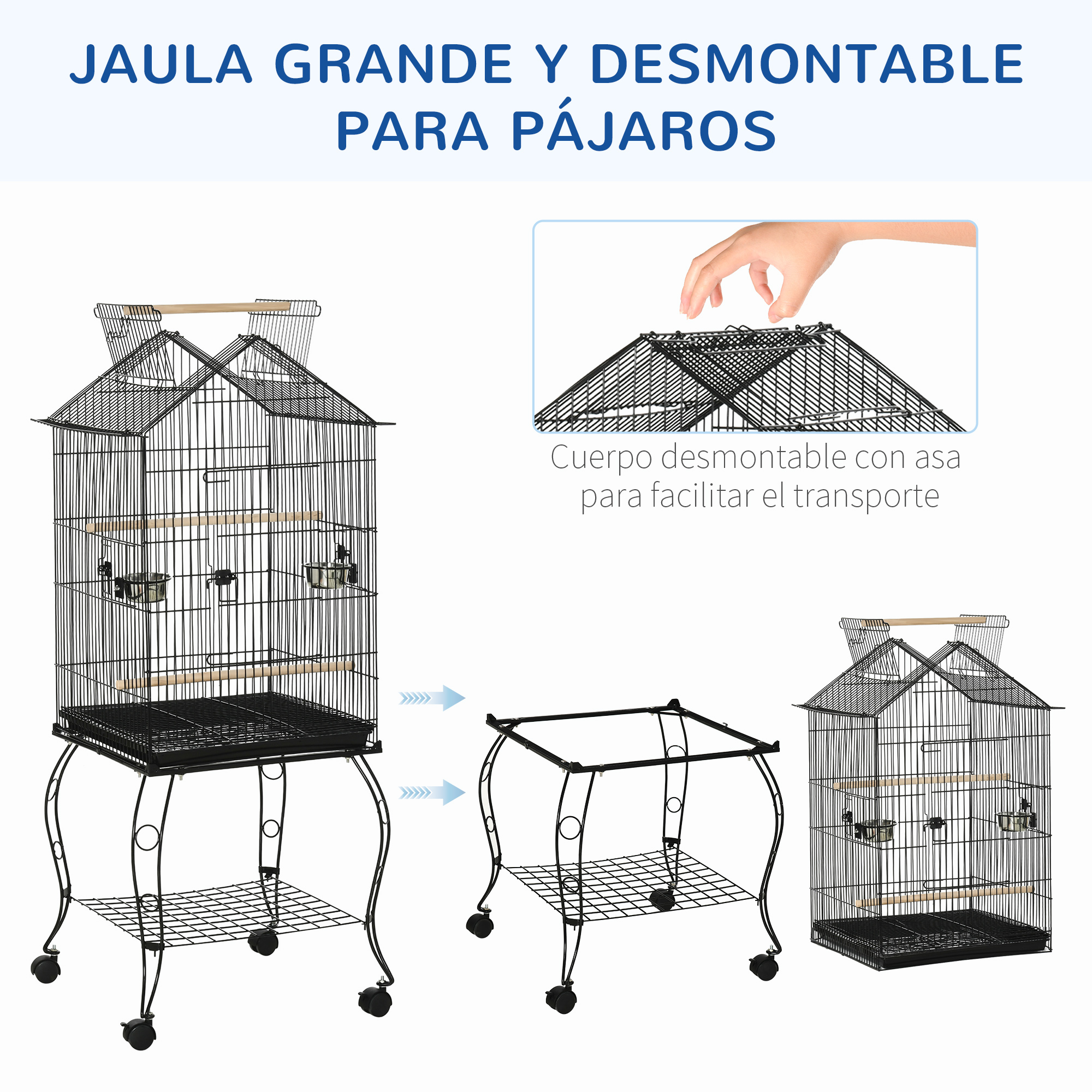Gaiola para pássaros PawHut, 50x58x145 cm, em metal, com 3 portas, 2 comedouros, 3 poleiros, bandeja removível, prateleira aberta e 4 rodas, ideal para canários e periquitos, na cor preta.