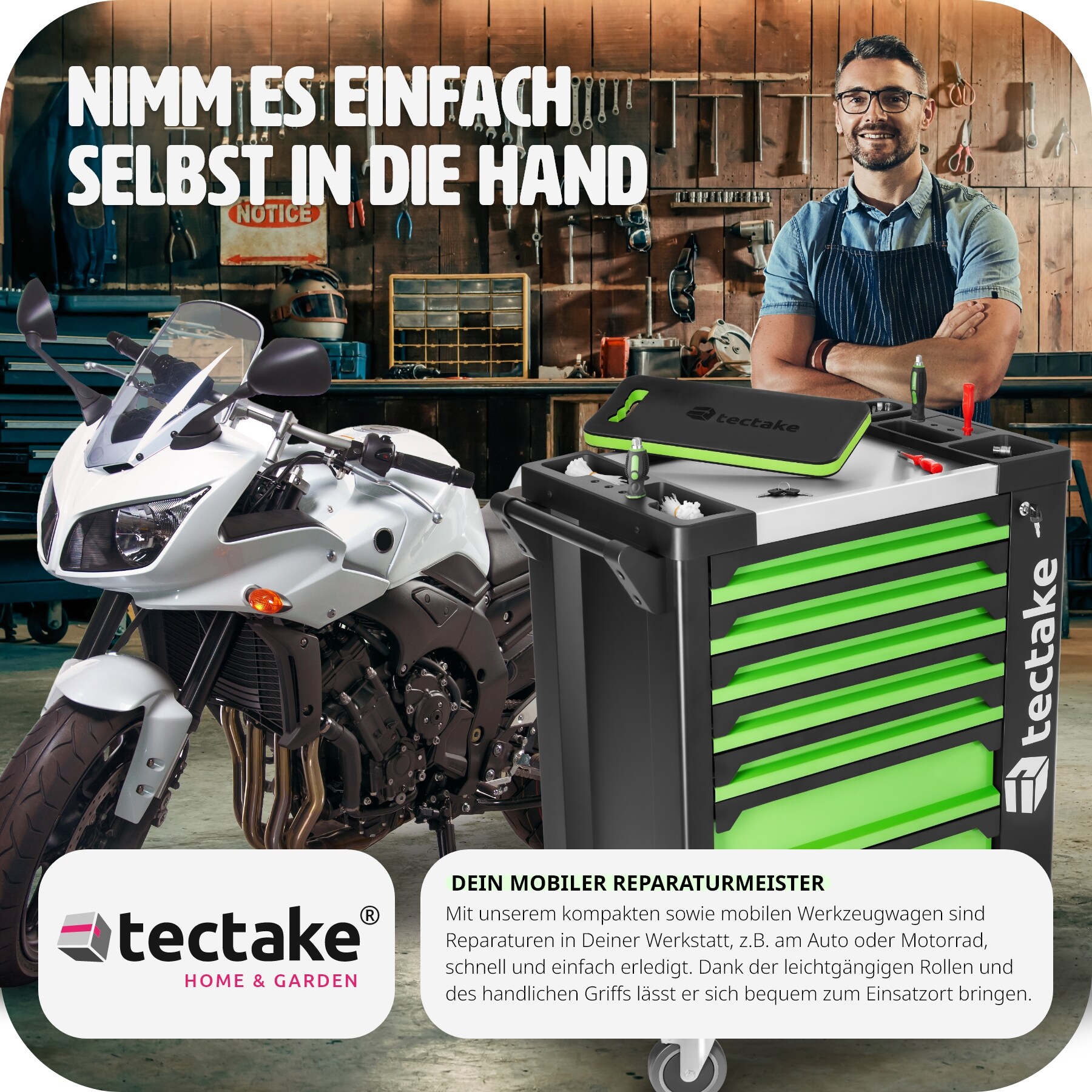 tectake® Werkzeugwagen, bestückt, 1599-teilig, 7 kugelgelagerte Schubladen, zentrale Sicherheitsverriegelung, Rollen Ø 124 mm, Inklusive Kniebrett