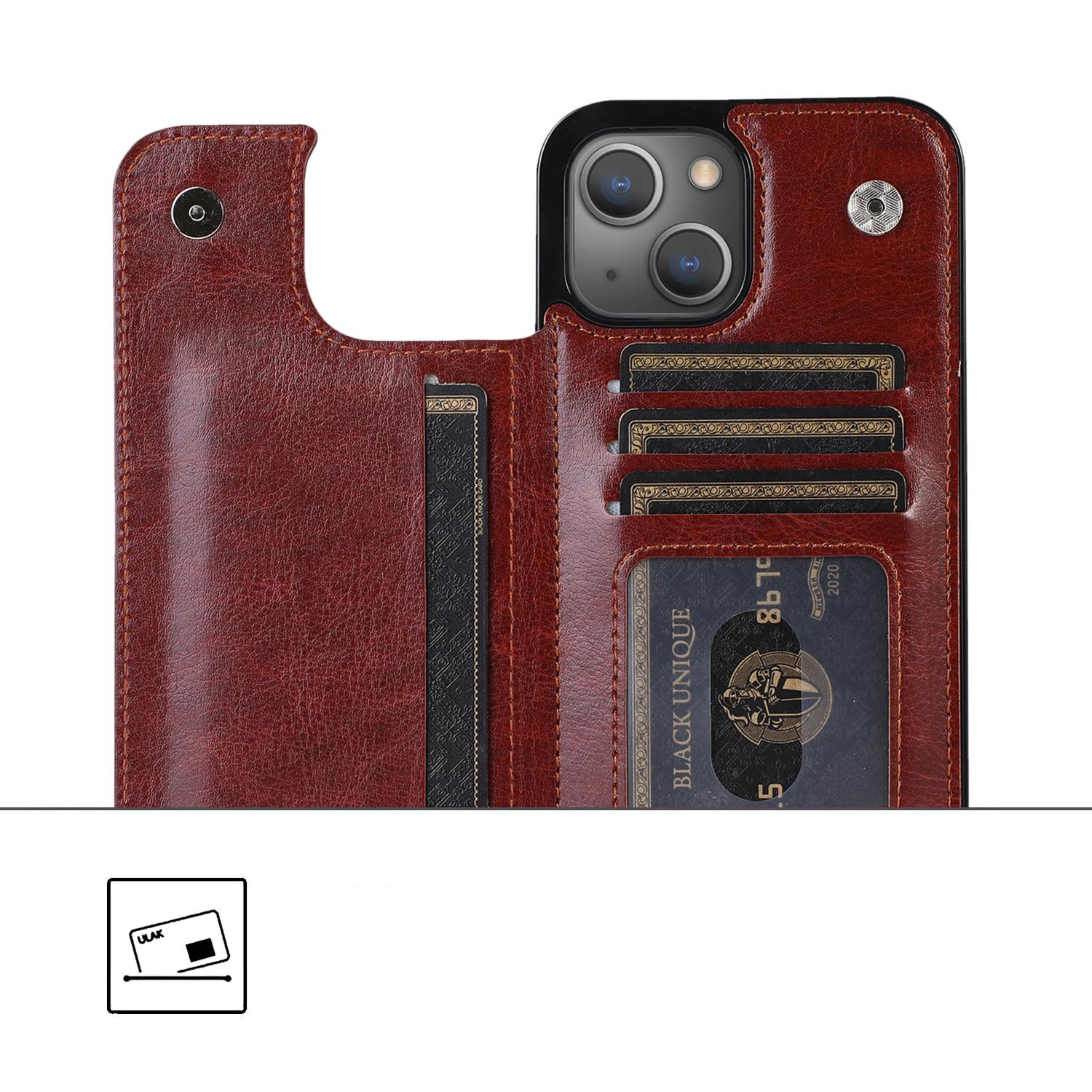 iPhone 14 Hybrid Leder Hülle mit Kartenfach   Kickstand Aufsteller - Braun