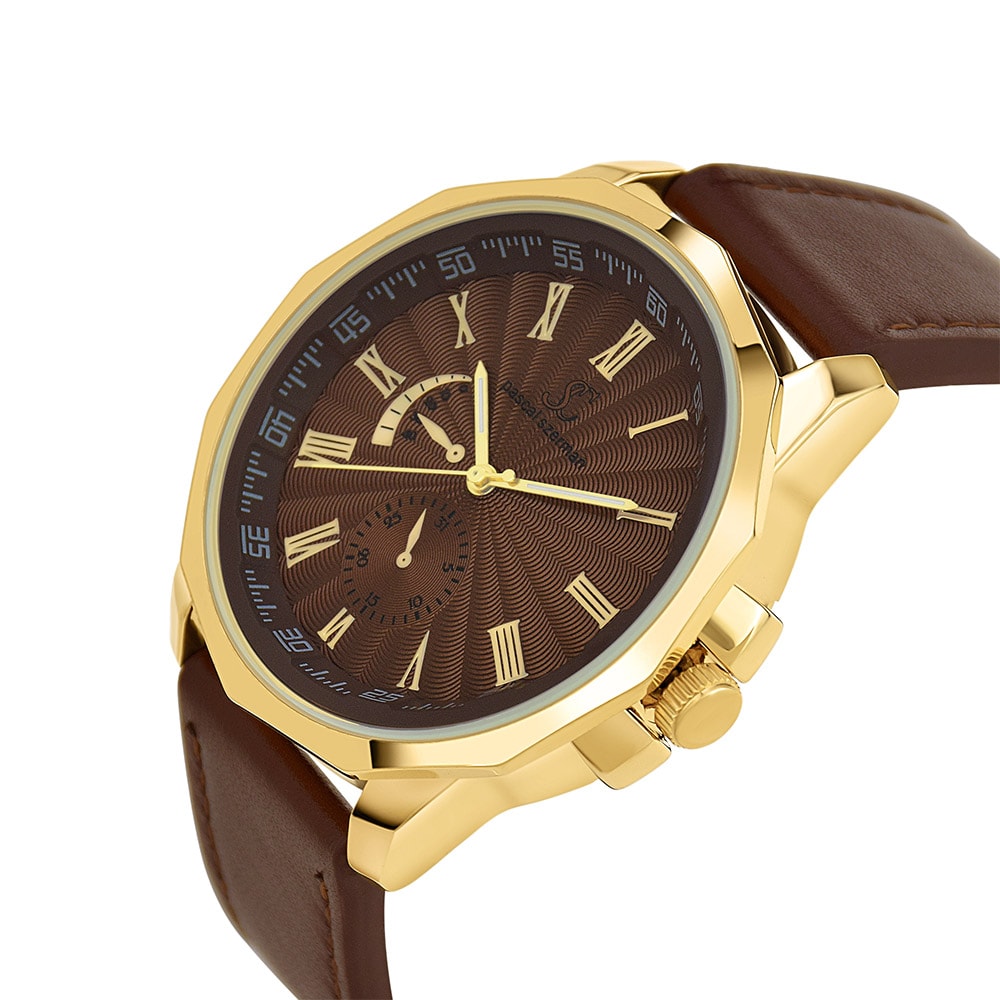 Montre - Laiton doré & similicuir marron - Homme - 49 mm