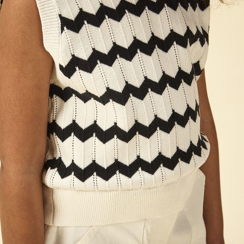 Pull sans manches en tricot ajouré motif zigzags pour fille - Ecru