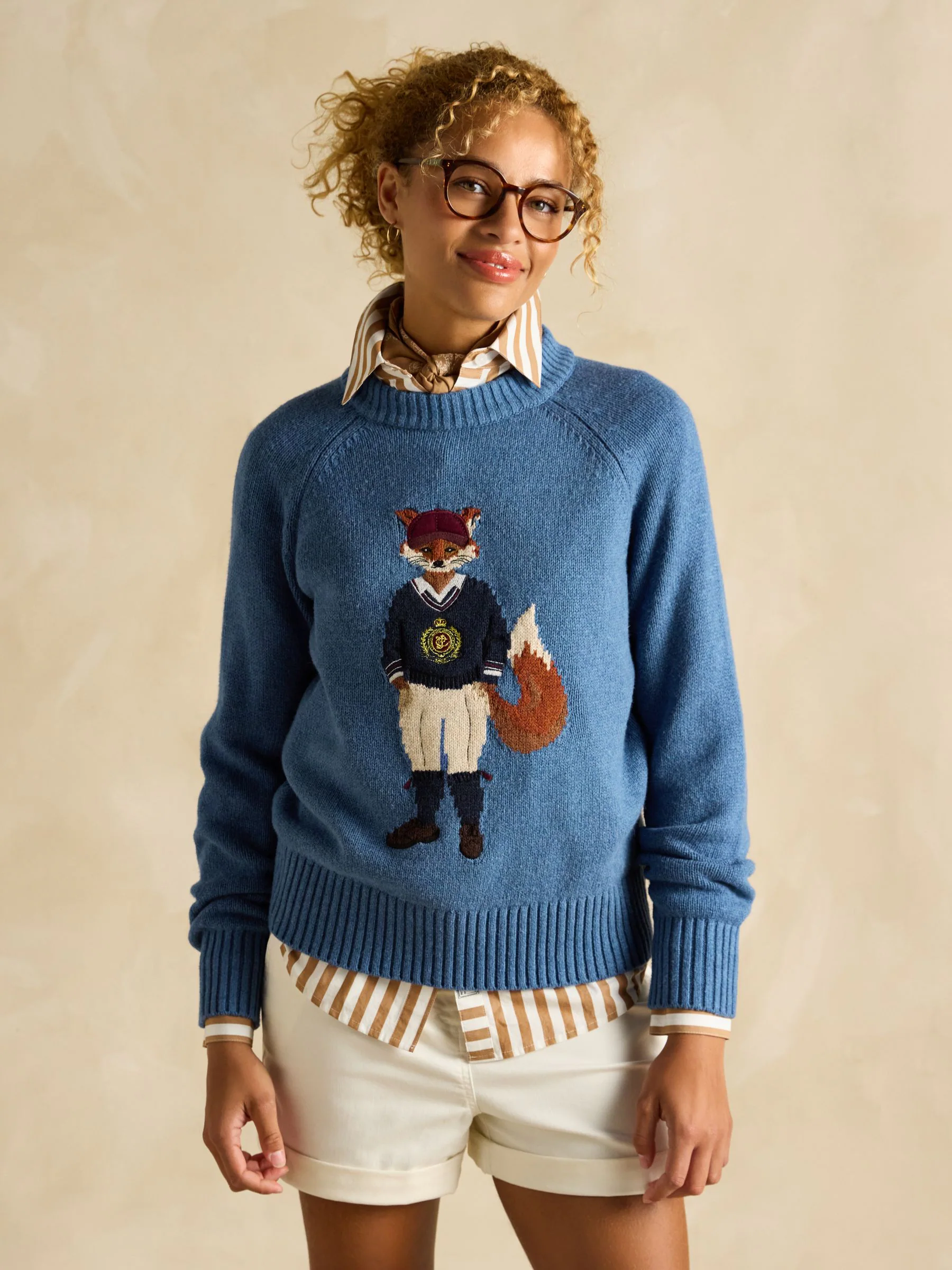Blue Jonty Fox - Joules Intarsia Cotton-Rich Crew Neck Jumper