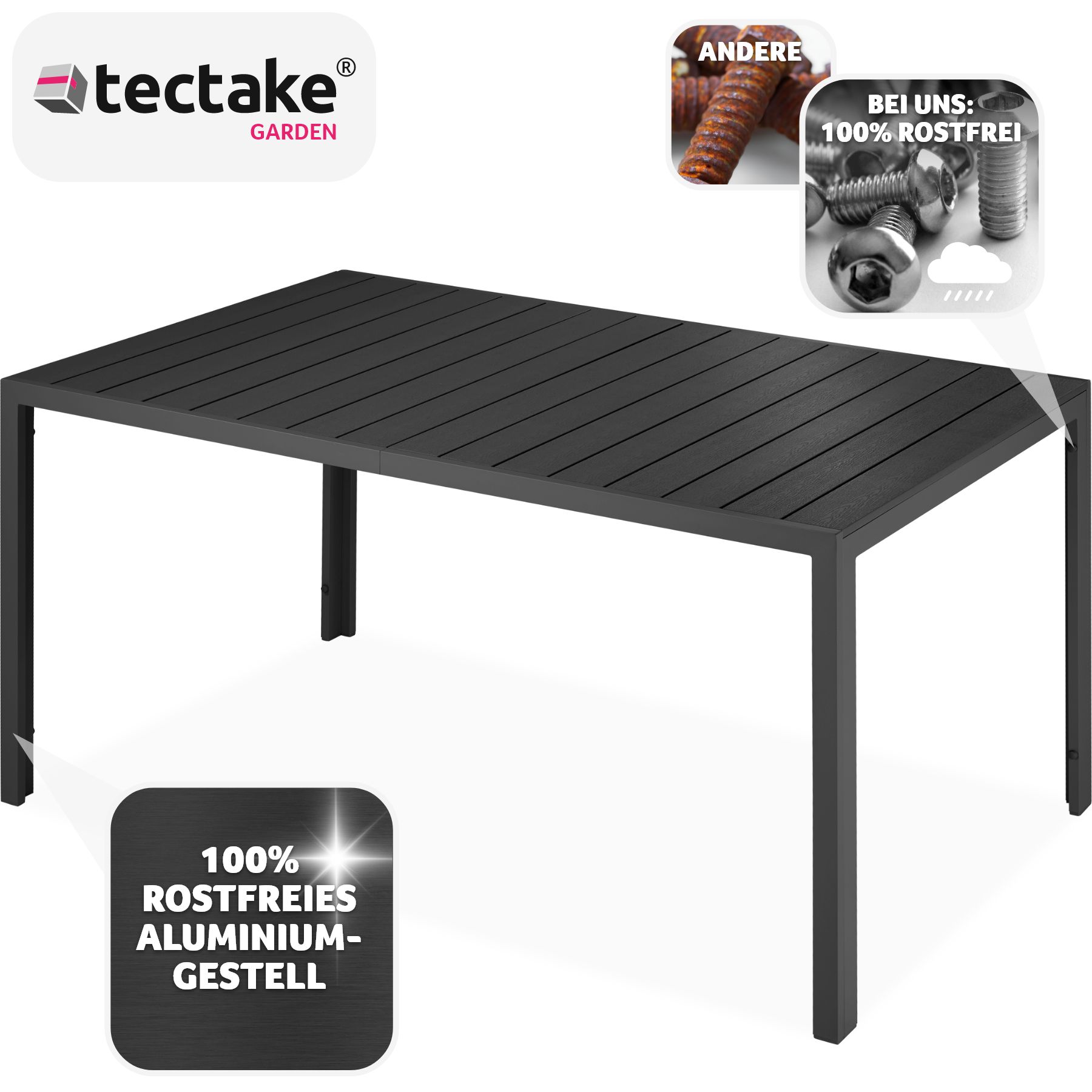 tectake® Gartentisch, aus Aluminium und Kunststoff, wetterfest und UV-beständig, 150 x 90 x 74,5 cm