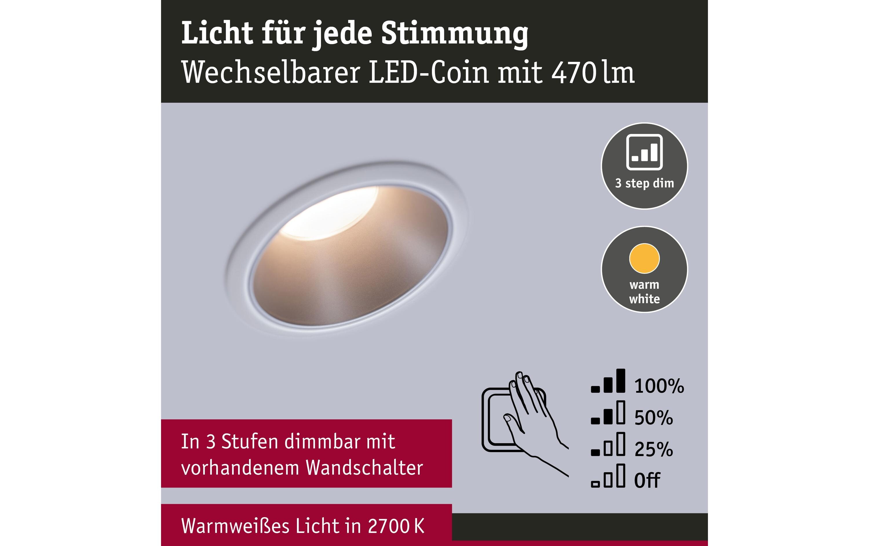 Einbauspot Cole Coin 3-Stepdim Set, 18W,2700K,Weiss/SilberLED Einbauspot 3-Step-Dim Basisset