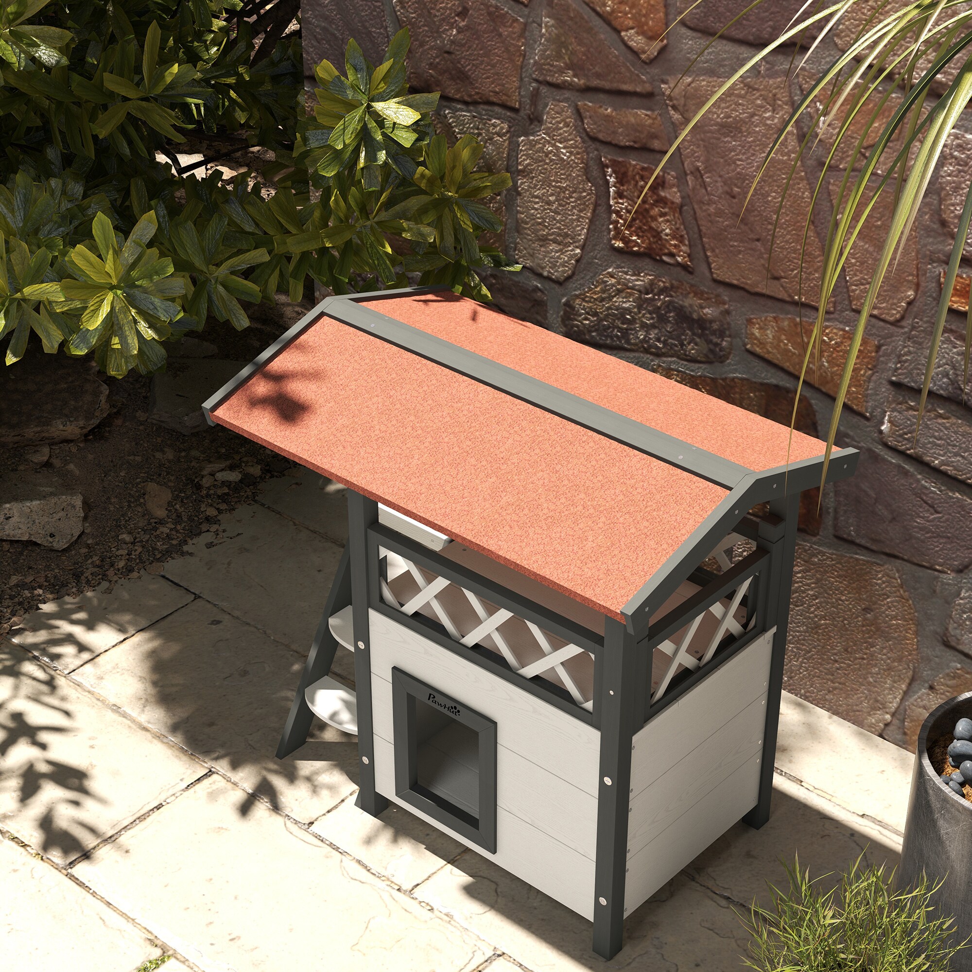 PawHut Katzenhaus mit Treppe und Dach natur 77L x 50B x 73H cm