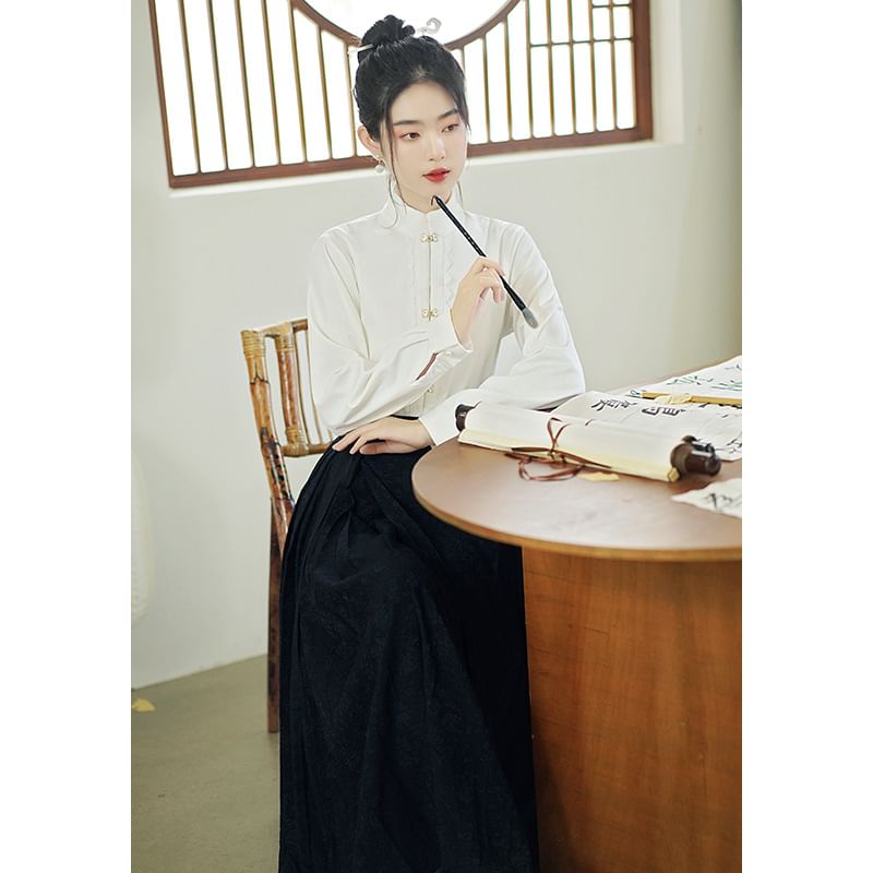 Fioridi - Bandkraag Hanfu Top / Midi A-lijn Rok met Middelhoge Taille