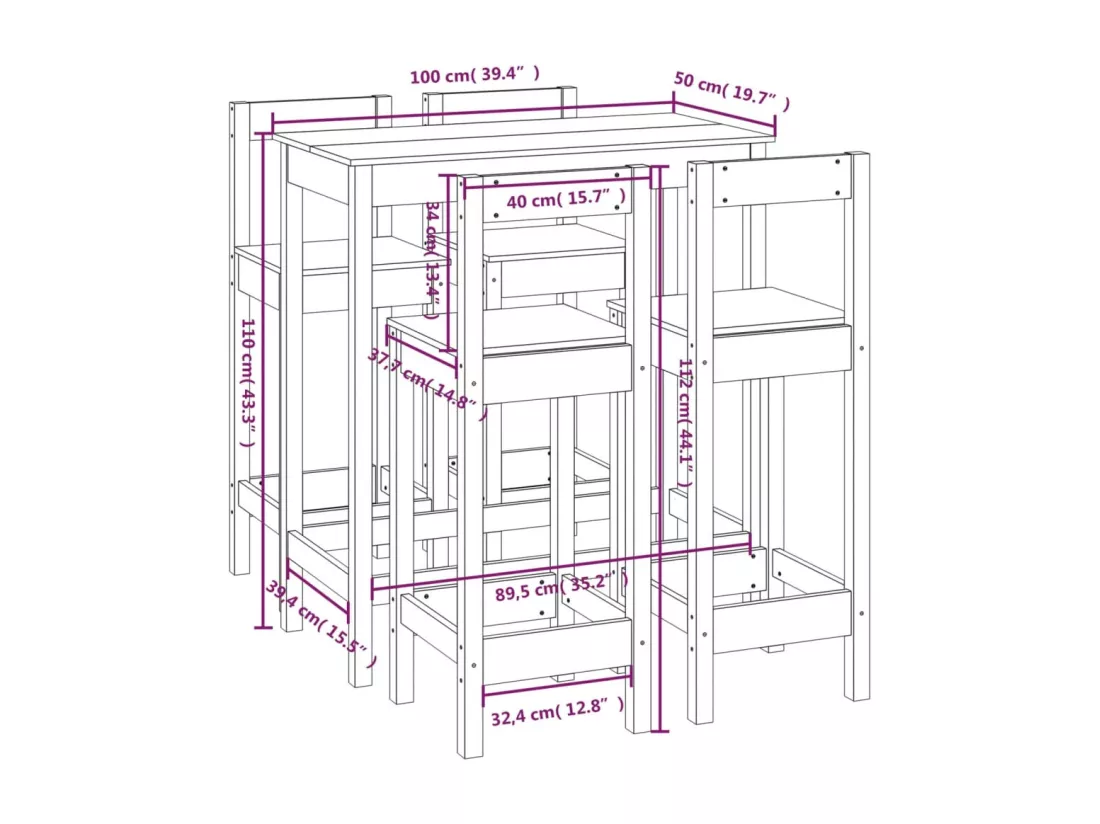 Ensemble de bar 5 pcs Noir Bois de pin massif
