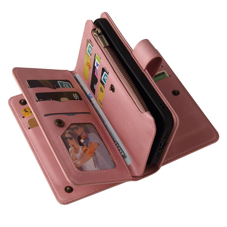 iPhone 16e Leder Tasche Flip Cover Kartenfächer mit Druckknopfverschluss   Handschlaufe - Rosa