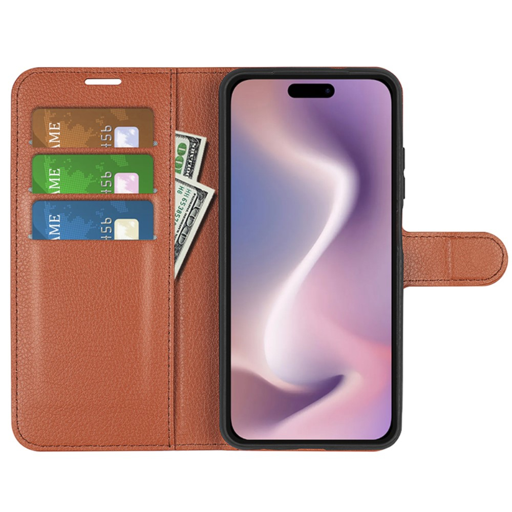 iPhone 16 Pro Max Leder Tasche Flip Cover Litchi Look - Braun
