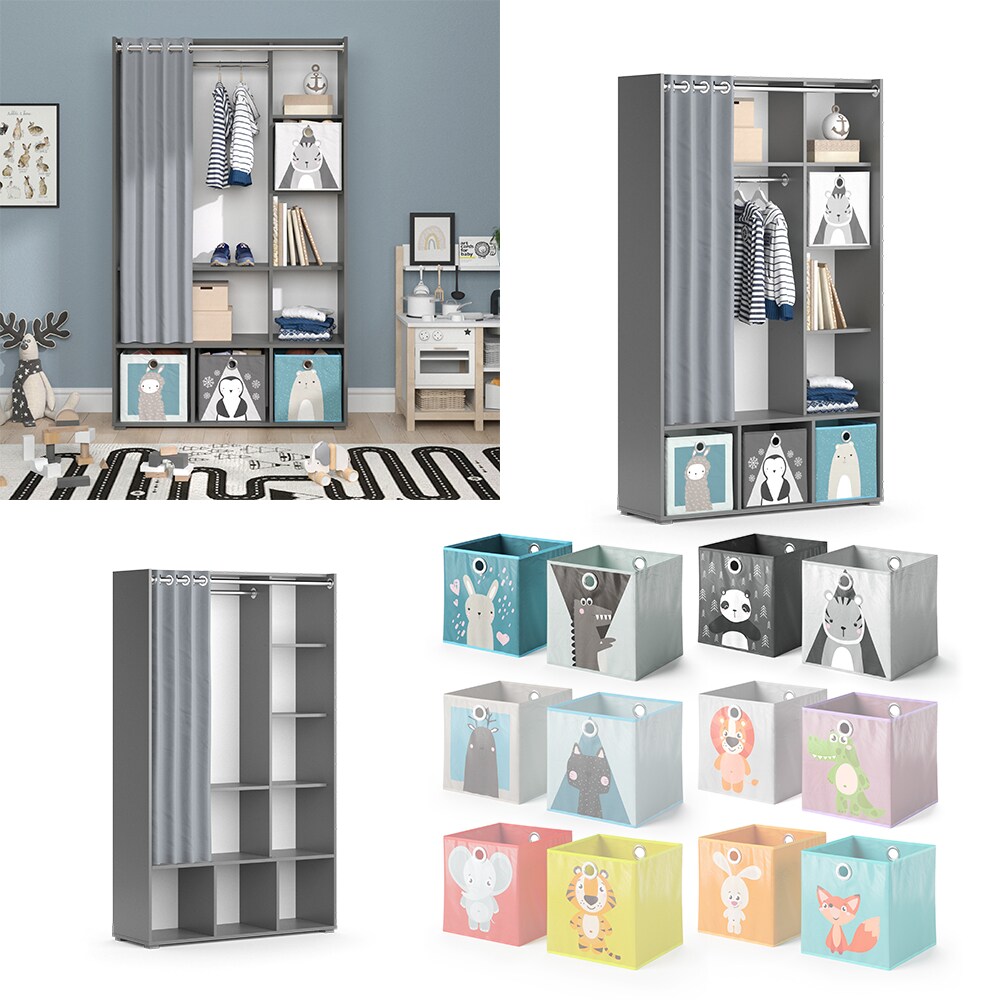 Vicco Kinderkleiderschrank Kinderzimmerschrank Kindergarderobe Luigi Grau Faltbox 106 x 178 cm modern Schrankregal Jugendzimmerschrank Organizer Vorhang Kleiderstange Fächer Aufbewahrung Spielzeugablage