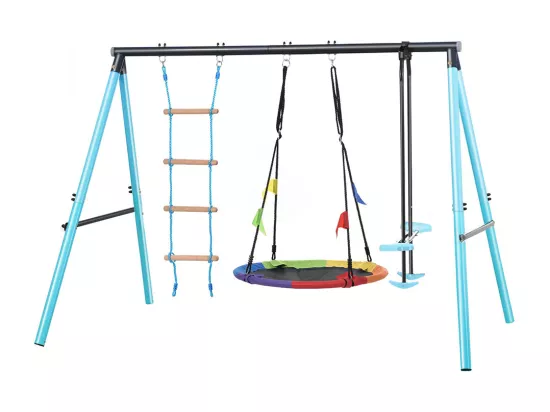 Balançoire pour enfants avec cadre métallique réglable en hauteur échelle et filet à grimper bascule jardin aire de jeux convient aux enfants de 3 à 8 ans bleu