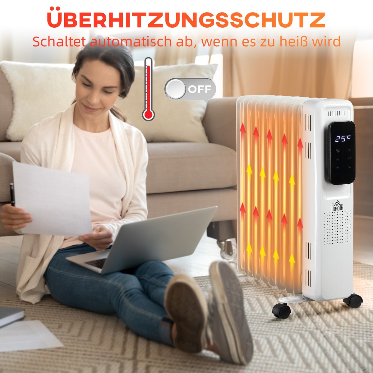 HOMCOM Draagbare elektrische olieradiator, 2000W, 3 warmtestanden, 24-uurs timer, 9 verwarmingspanelen met 4 wielen, wit staal, 42,5 x 24 x 63 cm