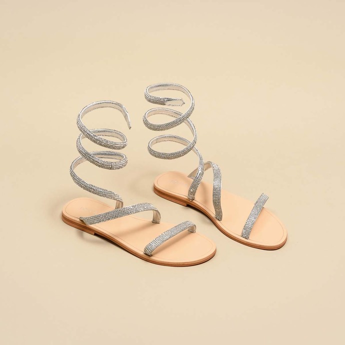 Sandales à brides torsadées  en cuir métallisé argent