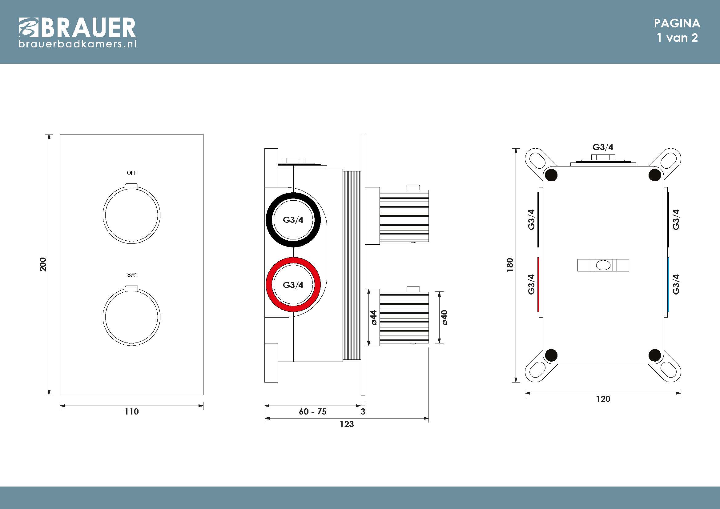 Brauer Stripe 3-weg inbouwthermostaat koper geborsteld PVD
