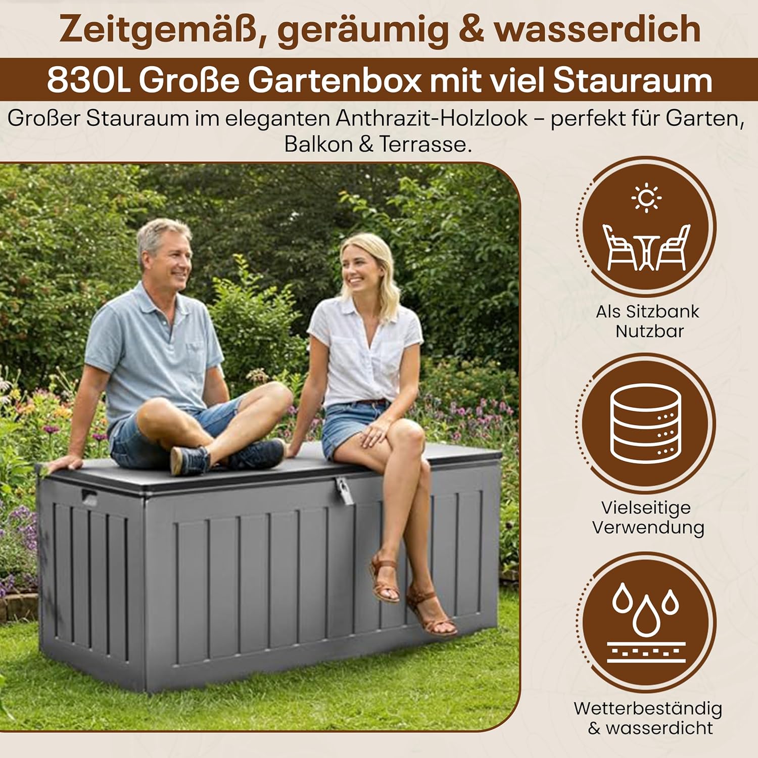 Olsen & Smith Gartenbox 830L | Wasserdicht & Wetterfest Abschließbare Polypropylene Aufbewahrungsbox aus | Große Gartentruhe für Garten, Balkon & Terrasse | Robust, Geräumig & Pflegeleicht–Anthrazit