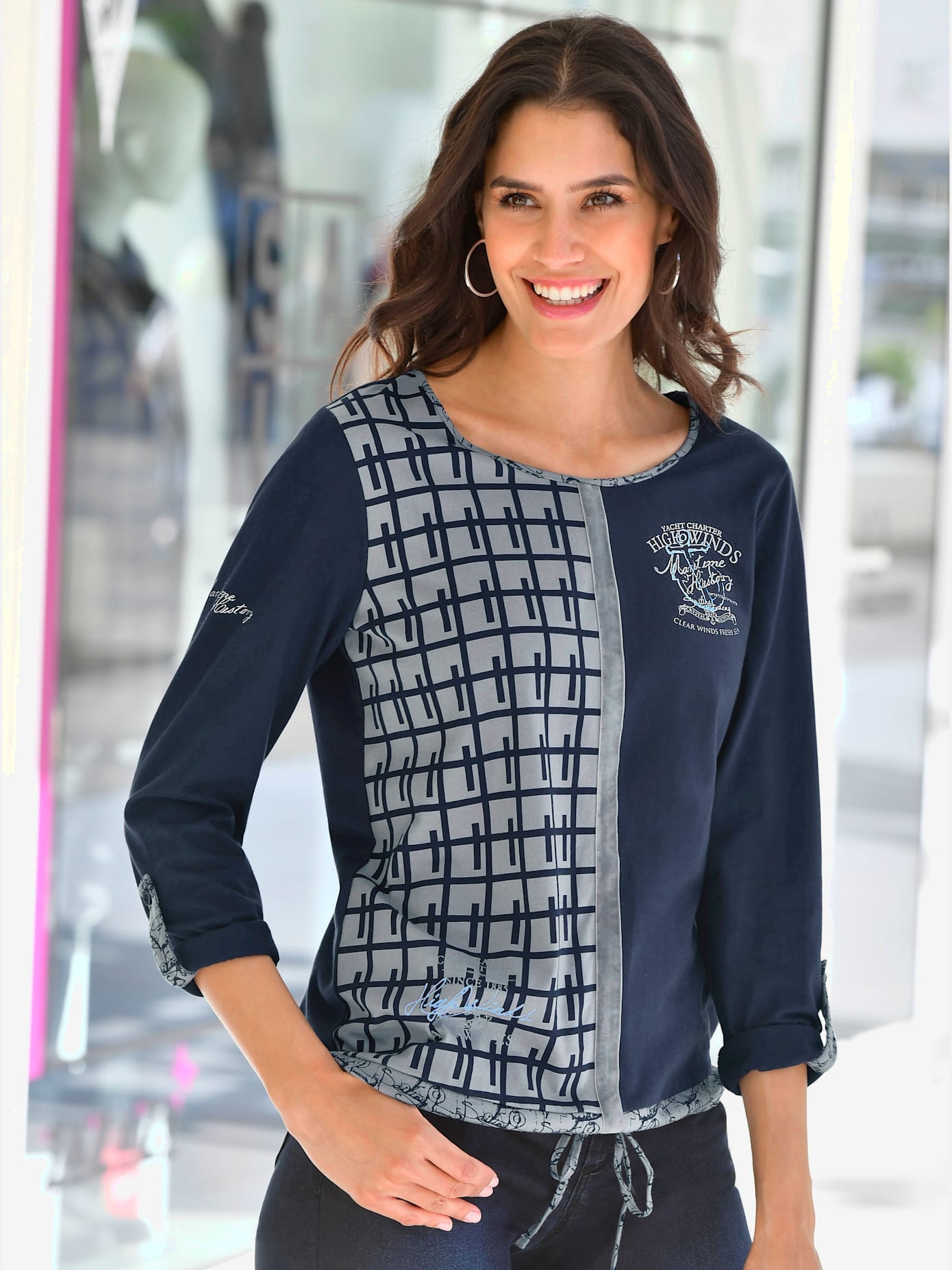 T-shirt imprimé nautique col rond manches longues retroussables et ceinture à nouer