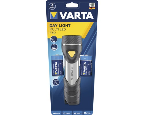 Varta LED zaklamp, 32 m lichtbereik, 14 LED's, incl. 2x D batterijen, Day Light Multi F30, zwart/zilver
