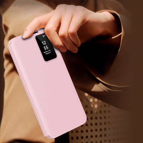 Samsung Galaxy S25 Ultra Leder Hülle Small Window View Flip Case Litchi Look- Rosa