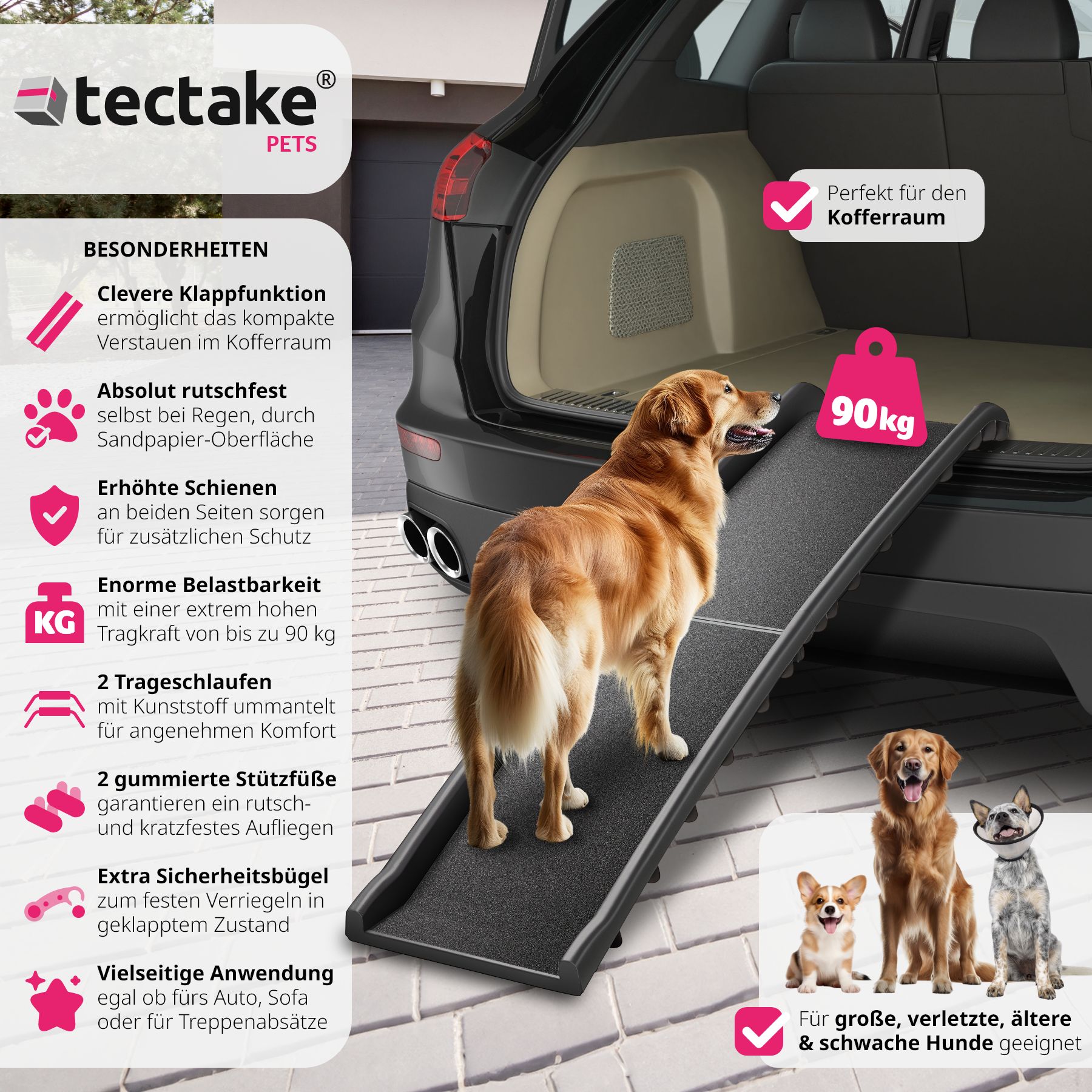 tectake® Hunderampe, klappbar und rutschfest, Belastbarkeit 90 kg, 155 x 40 x 14 cm